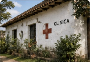 White clinic building with a red cross and CLÍNICA sign