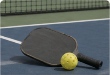 Pickleball paddle and yellow ball on a blue court