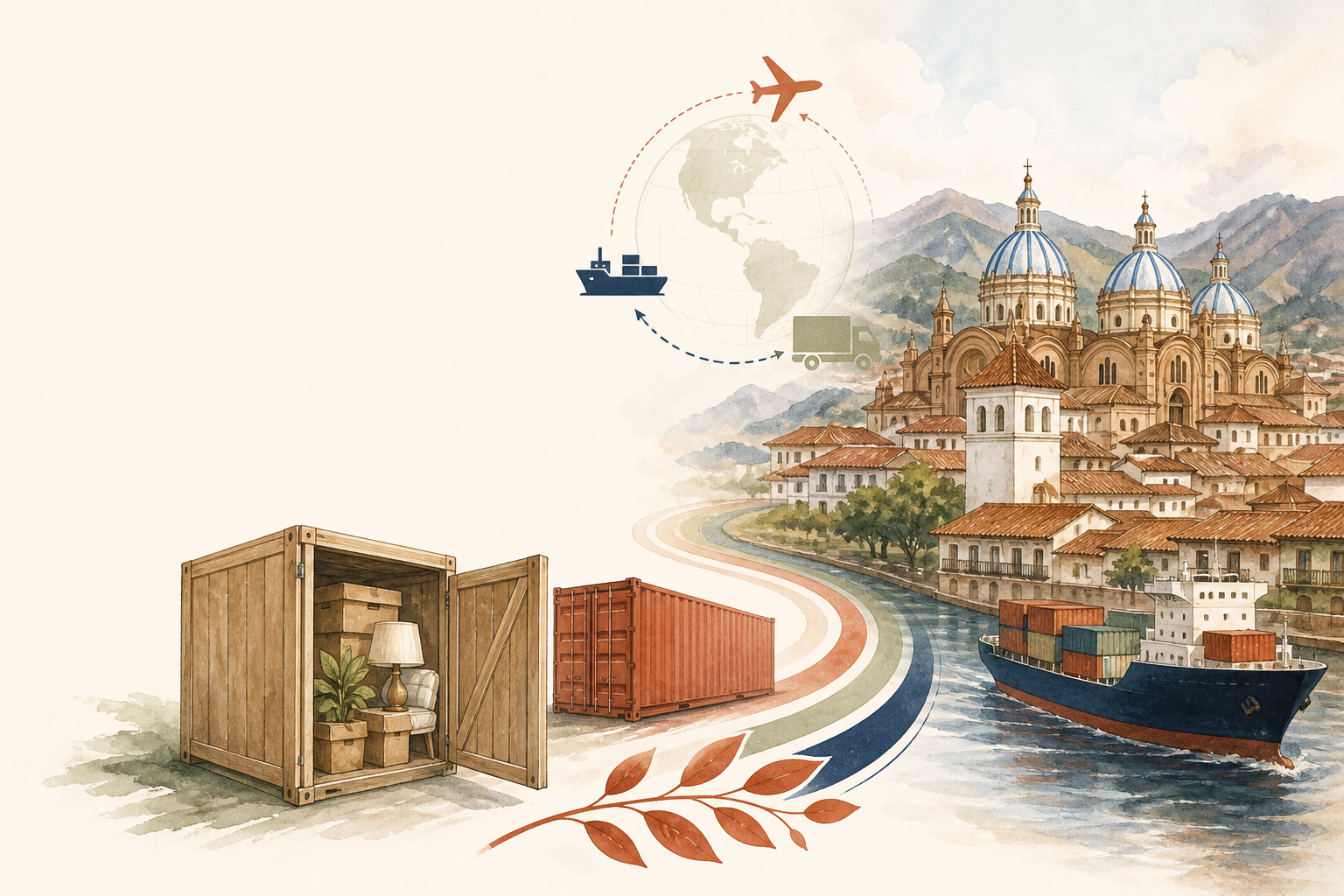 Illustration: a packing crate and a house, a ship on the river, and Cuenca’s blue cathedral domes